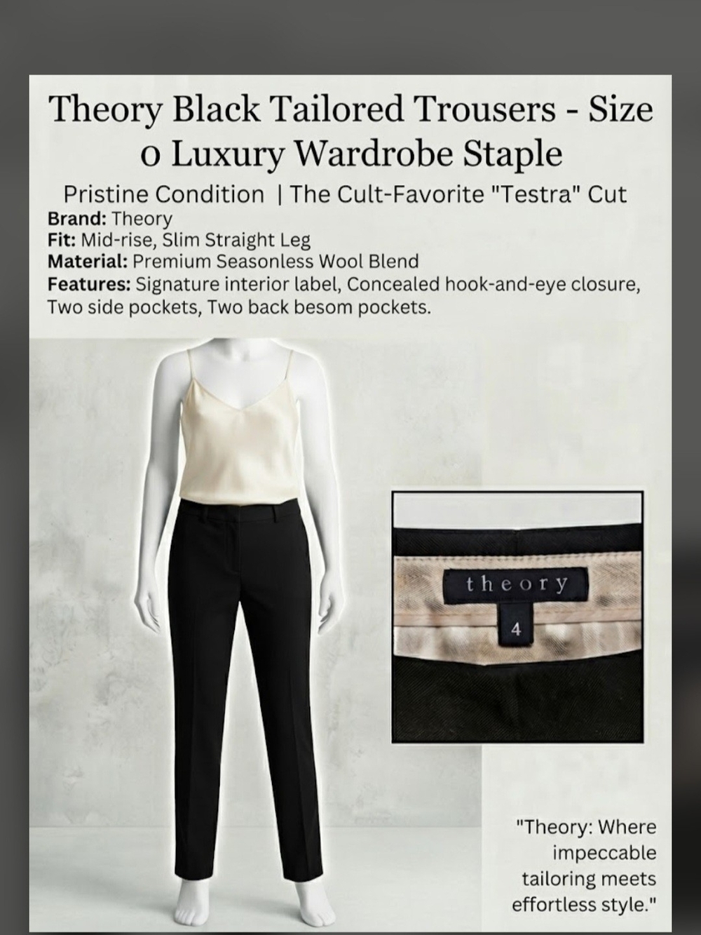 ​Theory Black Tailored Trousers Pants Size 0 Luxury Designer Workwear